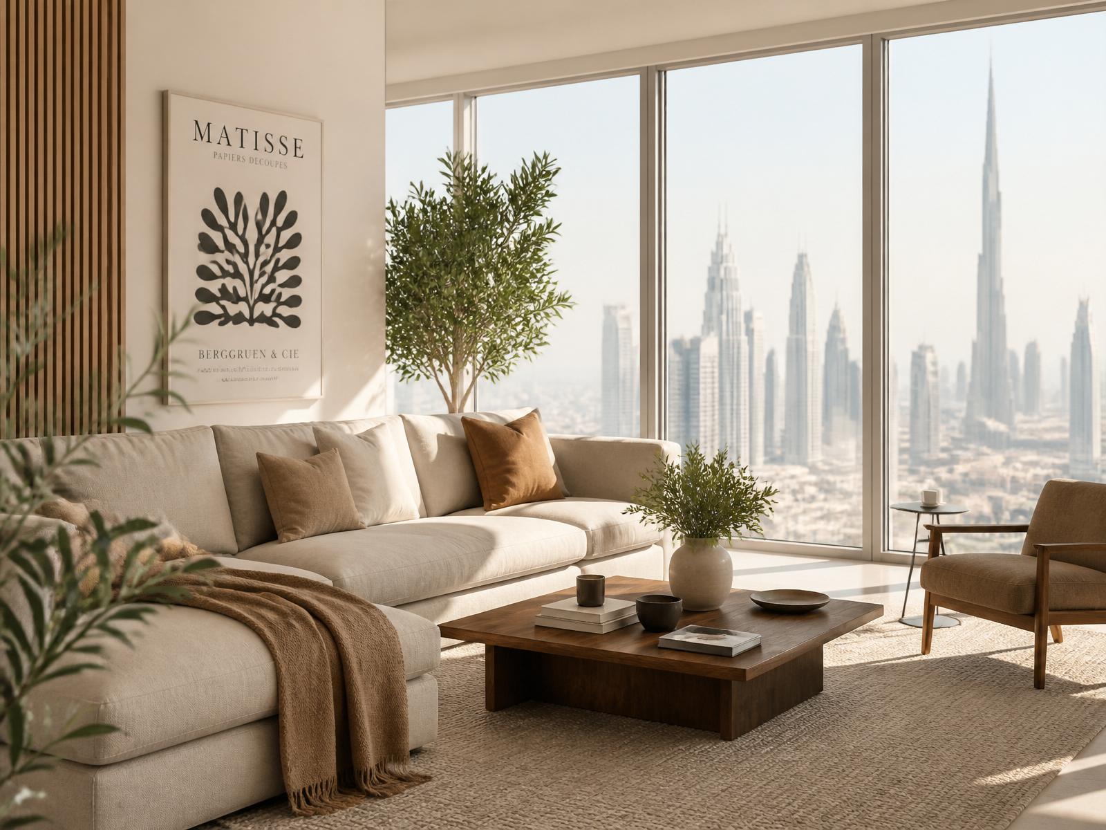 Furnished apartment living room overlooking the Dubai skyline